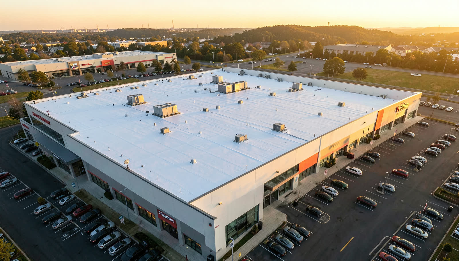 Aerial view of a commercial flat roof with white membrane and HVAC units