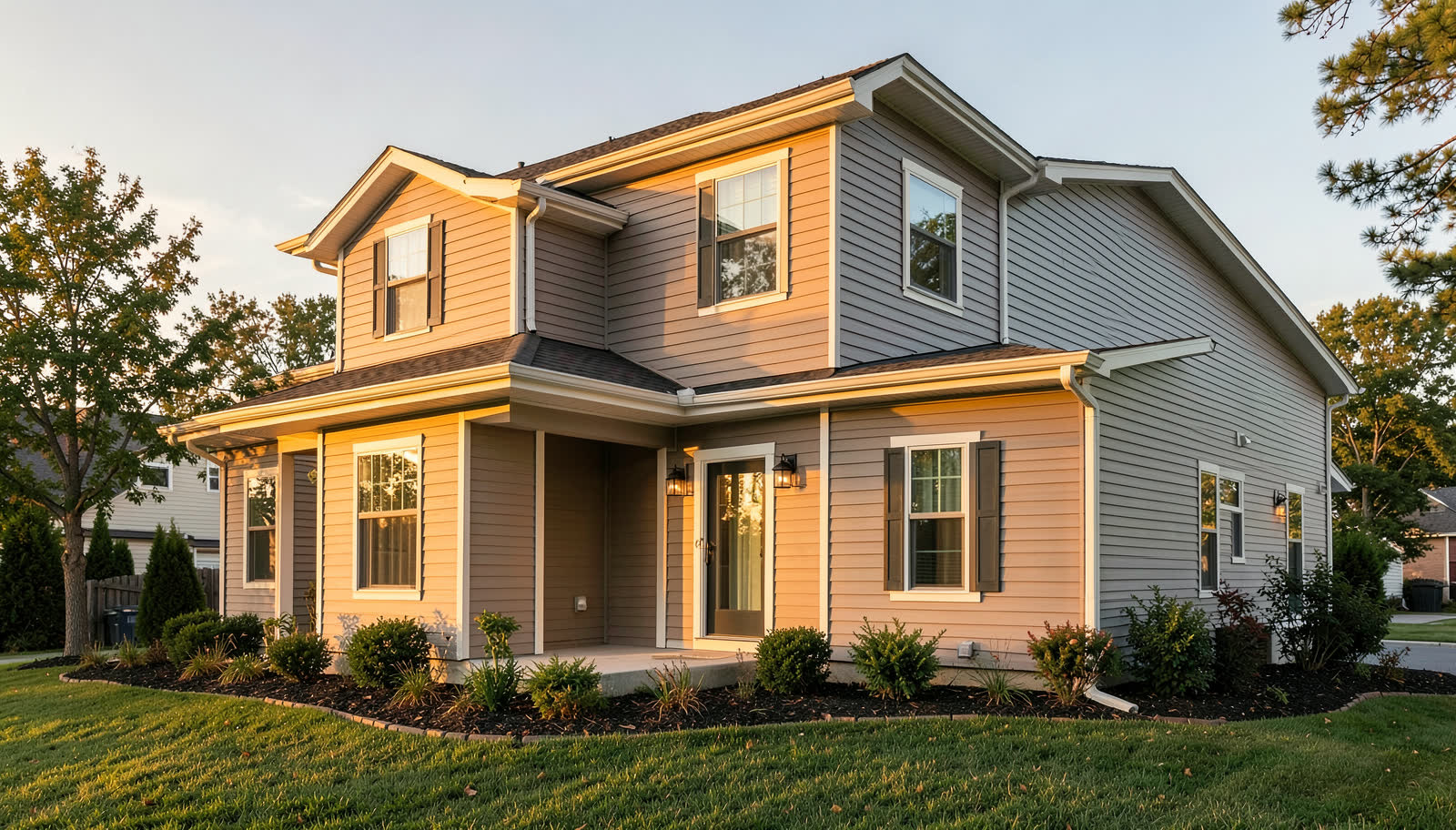 Texas home with new siding, gutters and windows at golden hour