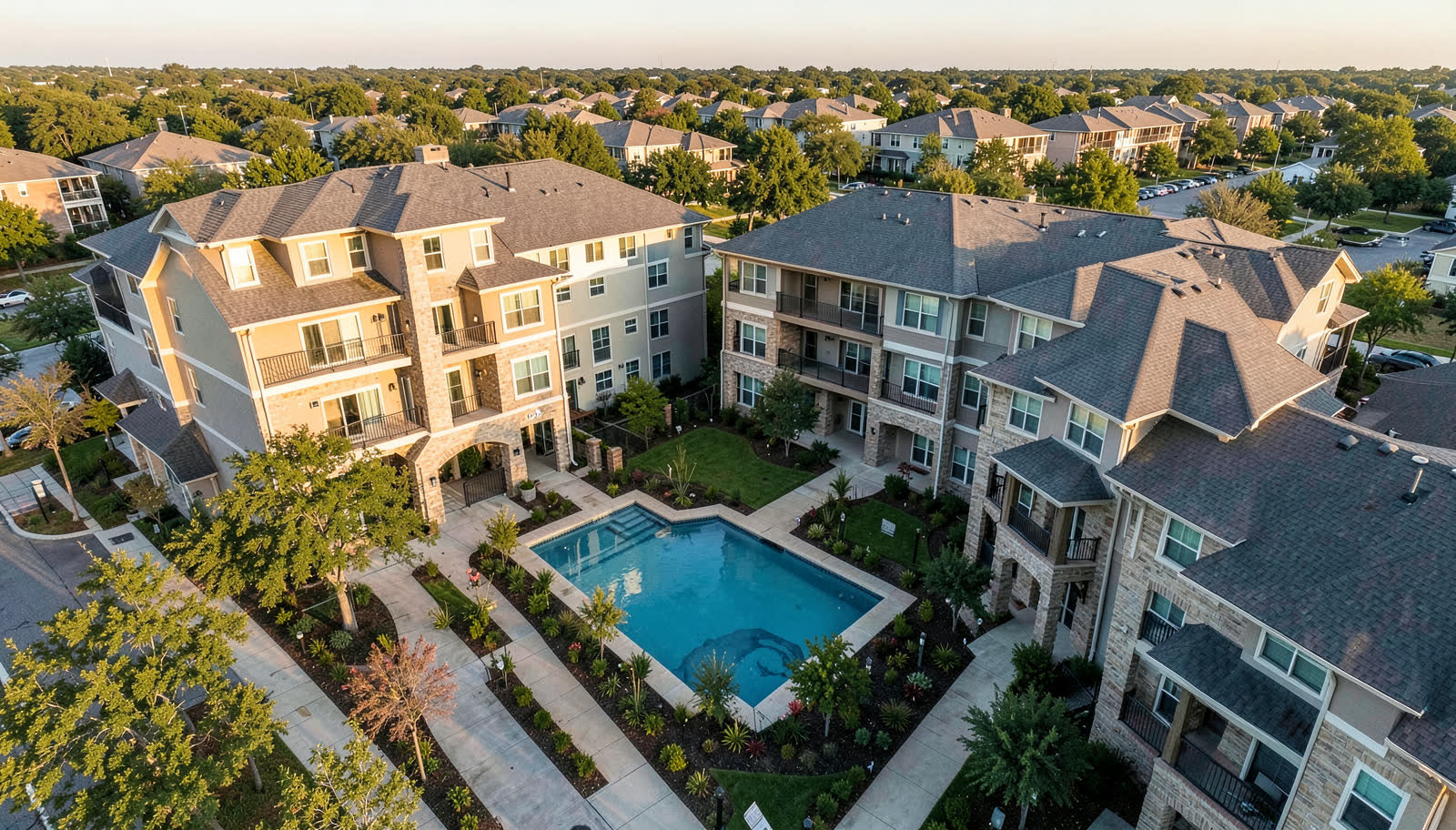 Aerial view of an apartment community with new shingle roofs