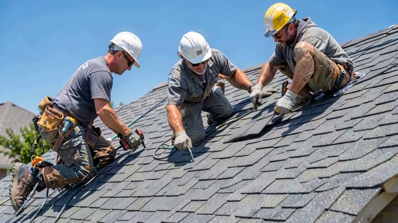 Select Roofing crew installing architectural shingles on a Texas home