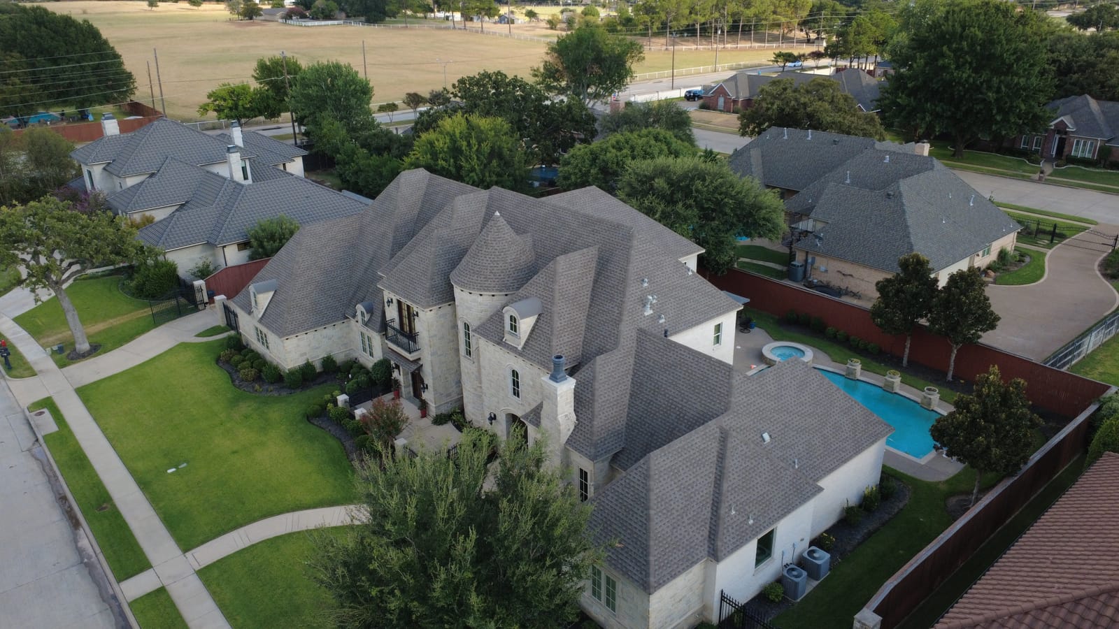 Completed residential roof replacement by Select Roofing, aerial view