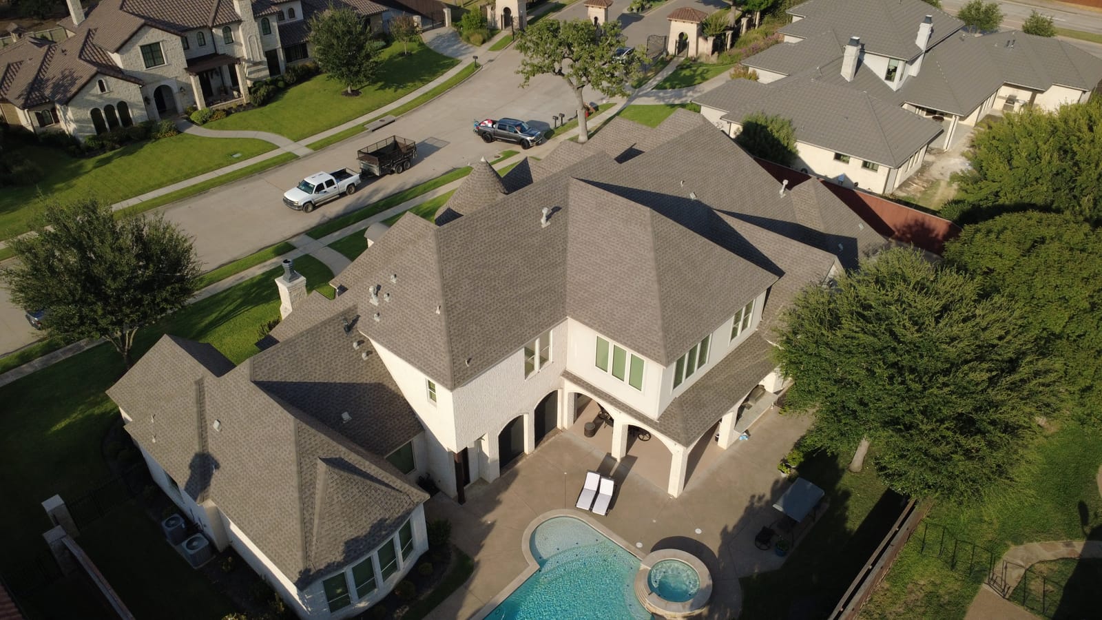 Completed residential roof replacement by Select Roofing, aerial view