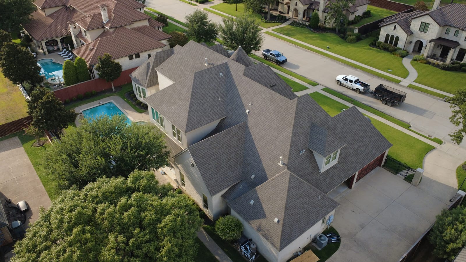 Completed residential roof replacement by Select Roofing, aerial view