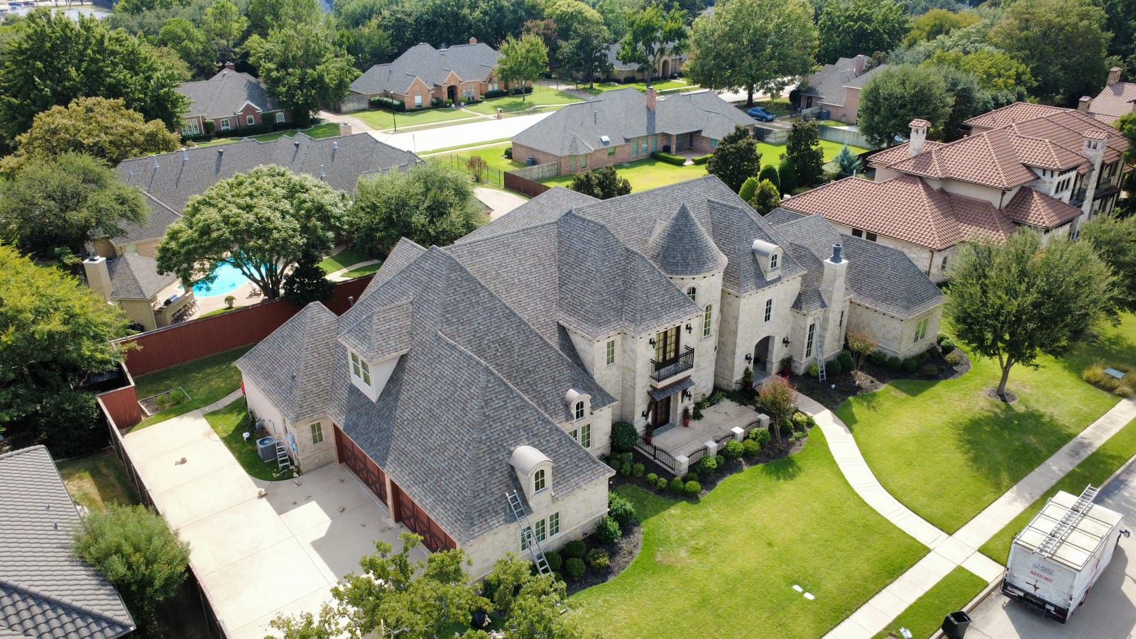 Completed residential roof replacement by Select Roofing, aerial view