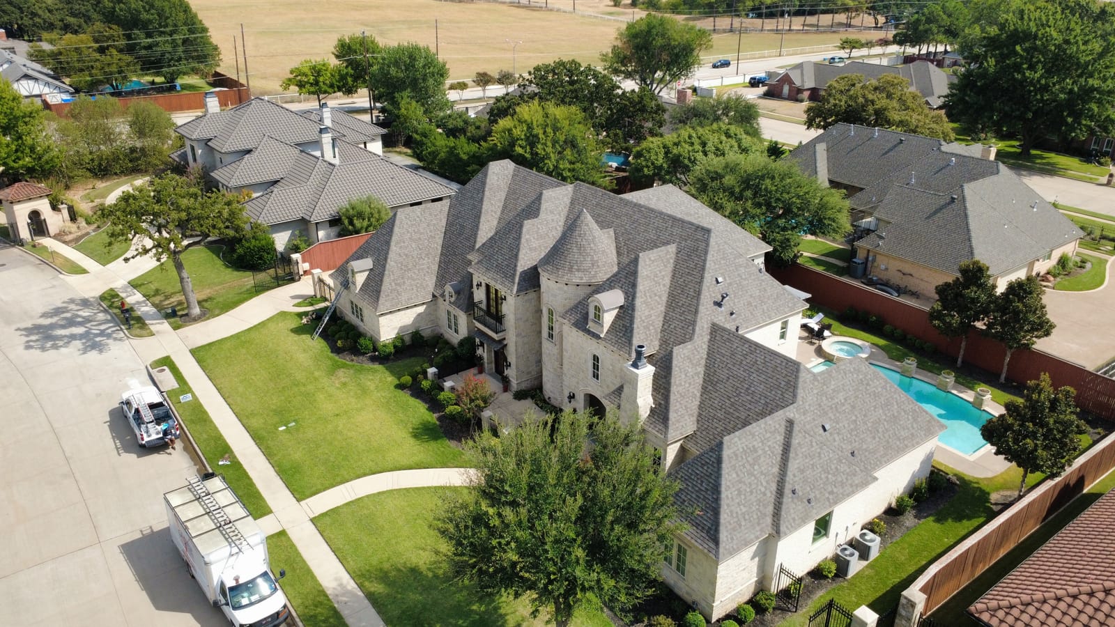 Completed residential roof replacement by Select Roofing, aerial view