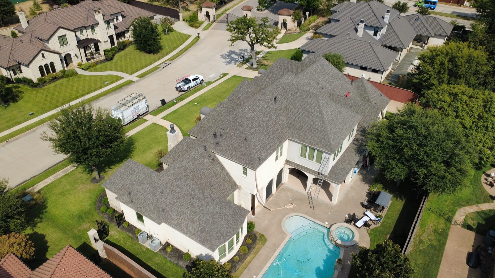 Completed residential roof replacement by Select Roofing, aerial view