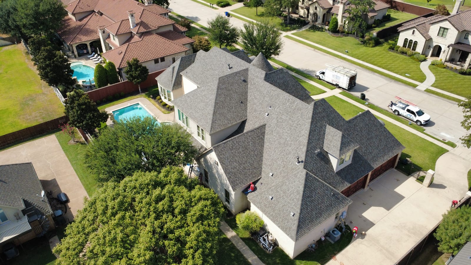 Completed residential roof replacement by Select Roofing, aerial view
